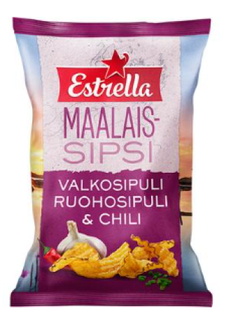 Картофельные чипсы Estrella Maalaissipsi valkosipuli, ruohosipuli & chili 180г