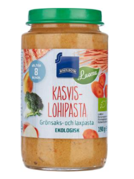 Детское питание Rainbow паста органическая с овощами и лососем 8 месяцев 190 г