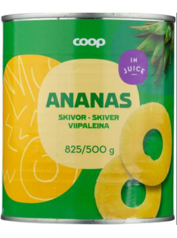 Кольца ананаса в ананасовом соке Coop ananas viipaleina täysmehussa 825/500г
