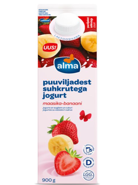 Безлактозный йогурт ALMA puuviljadest suhkrutega 900г клубника банан