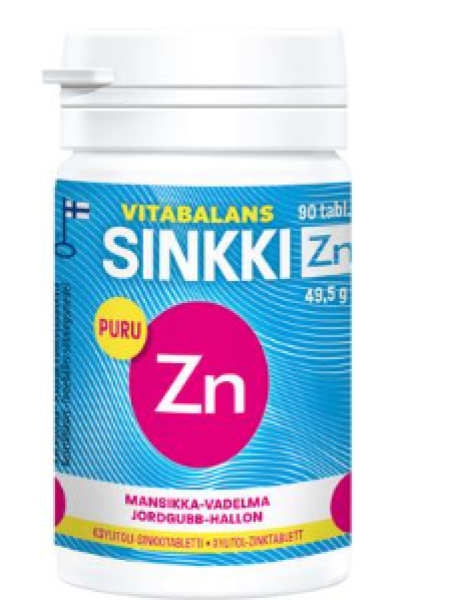 Жевательные таблетки с цинком Vitabalans Sinkki Zn 90шт со вкусом клубники и малины