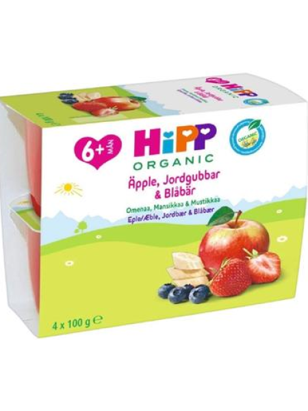 Органическое фруктовое пюре с яблоком, клубникой и черникой HiPP 4x100 г 6 месяцев 