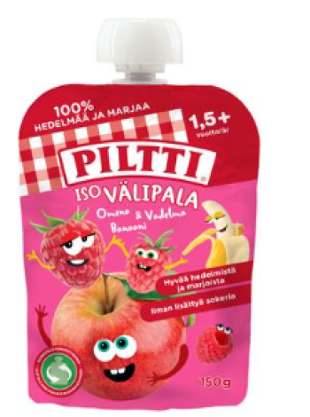 Фруктовое пюре Piltti 150г Яблоко-малина-банан с 18 месяцев