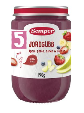 Детское фруктовое пюре без добавления сахара Semper 190г Клубника, яблоко, груша, банан и черника с 5 мясецев
