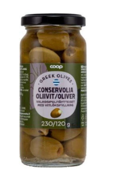 Зеленые оливки с чесночной начинкой Coop 240/120 г