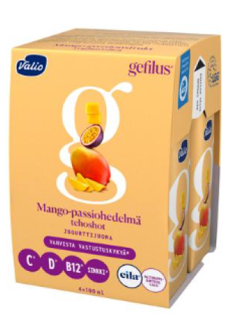 Питьевой йогурт Valio Gefilus mango-passiohedelmä tehoshot 4x100мл манго маракуйя без лактозы