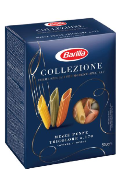 Паста Barilla Mezze Penne Tricolore из твердых сортов пшеницы с помидорами и шпинатом 500г