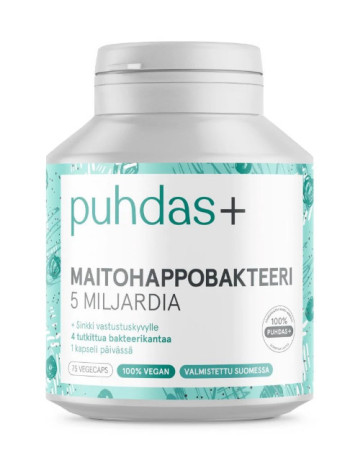 Растительные капсулы с лактобактериями Puhdas + Maitohappobakteeri 5 mrd, 75 кап