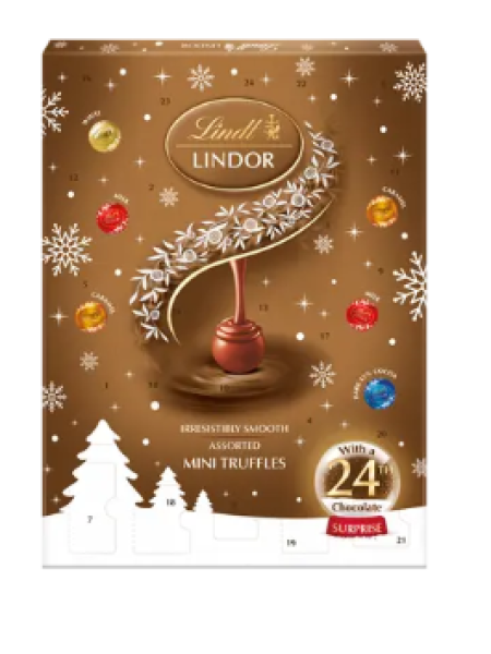 Рождественский календарь Lindt LINDOR 117 г ассорти из молочного, темного и белого шоколада с мягкой начинкой 