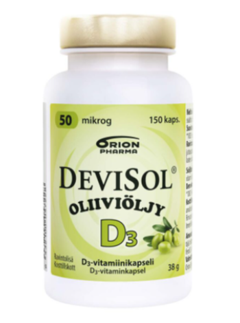 Капсулы с витамином D3 Devisol Oliiviöljy 50 mikrog 150 капсул с оливковым маслом
