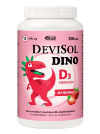 Жевательные таблетки с витамином D DEVISOL DINO MANSIKKA 10 MIKROG 200 шт с клубникой
