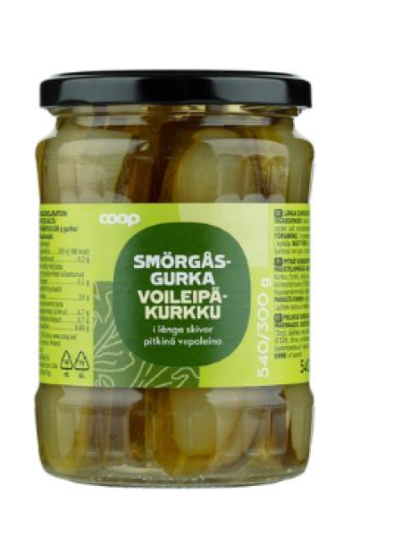 Огурцы для сэндвичей Coop в пряном рассоле Coop voileipäkurkku pitkinä viipaleina mausteliemessä 540/300 г