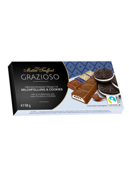 Молочный шоколад Maître Truffout Grazioso с молочным кремом и кусочками какао-бисквита 98 г