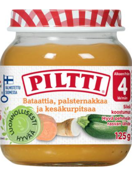 Детское питание Piltti Bataattia, palsternakkaa ja kesäkurpitsaa 4 месяца 125 г батата, пастернак и цуккини