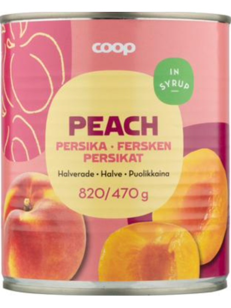 Половинки персика в сахарном сиропе Coop persikat puolikkaina sokeriliemessä 820/470г