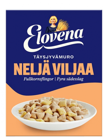 Цельнозерновые подушечки  Elovena 4-viljan täysjyvämuro 350г 4 злака 