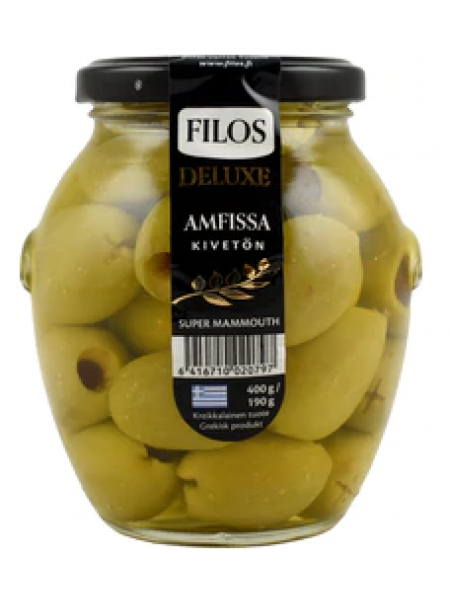 Зеленая олива Filos Deluxe 400/190г без косточек